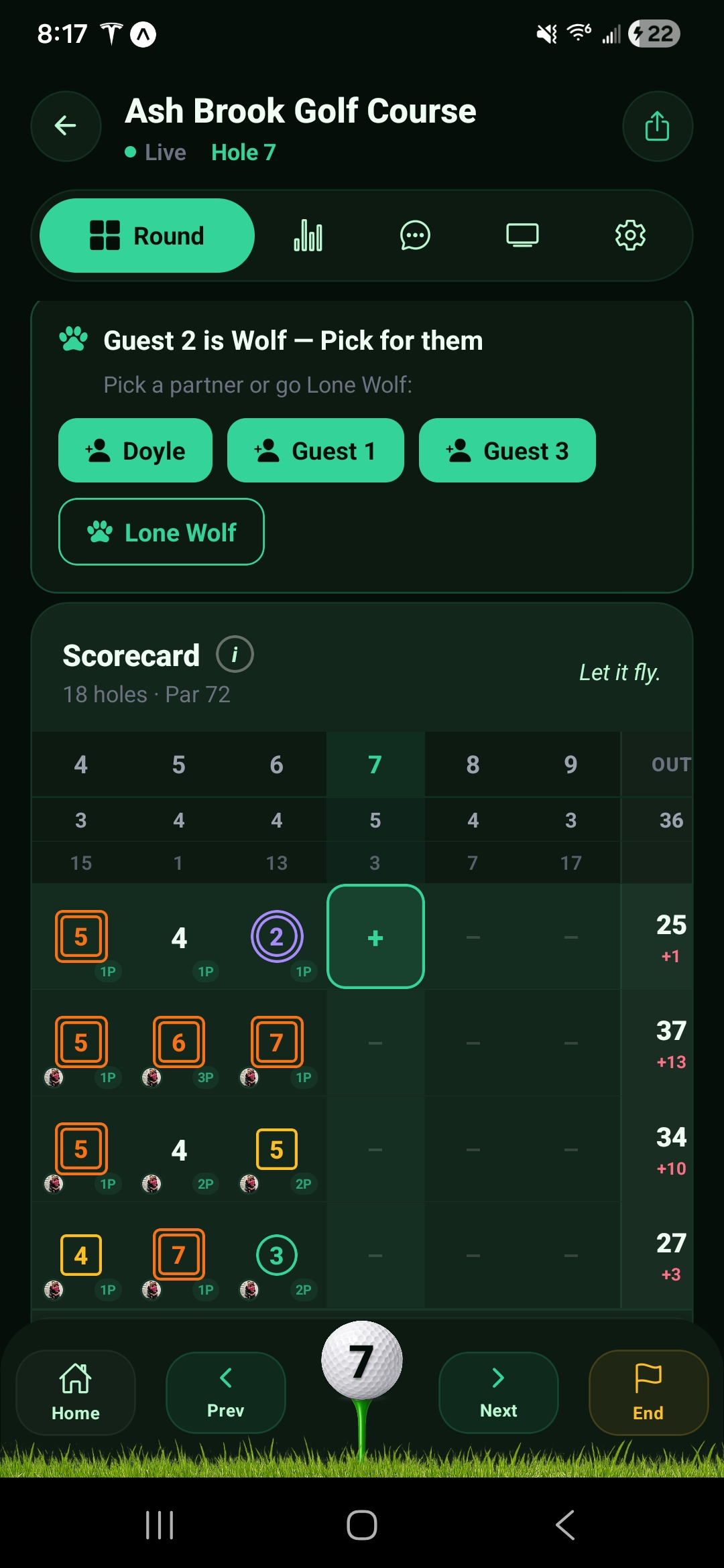 GolfBet live scorecard during a Wolf game